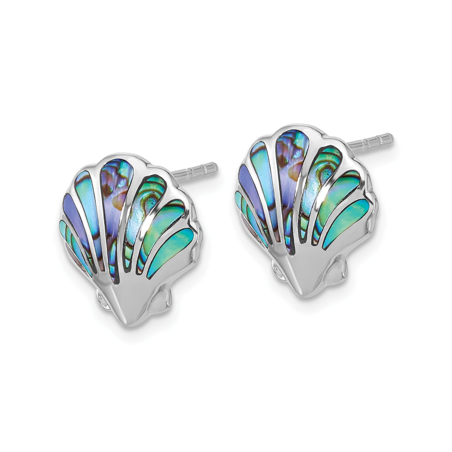 Sterling Silver Scallop Shell Stud Earrings with Abalone Inlay, Nautical Beach Style