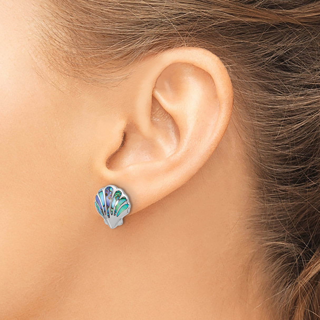 Sterling Silver Scallop Shell Stud Earrings with Abalone Inlay, Nautical Beach Style
