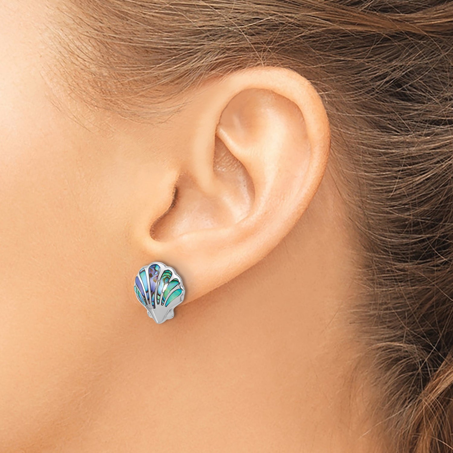 Sterling Silver Scallop Shell Stud Earrings with Abalone Inlay, Nautical Beach Style