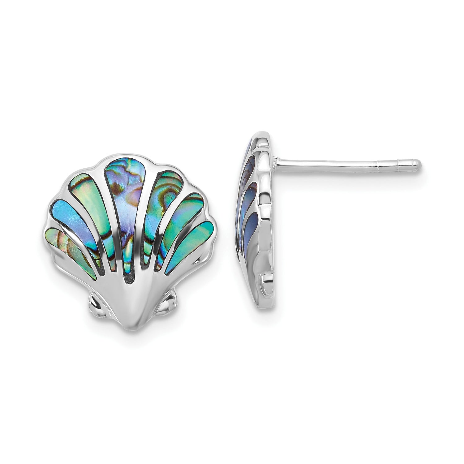 Sterling Silver Scallop Shell Stud Earrings with Abalone Inlay, Nautical Beach Style