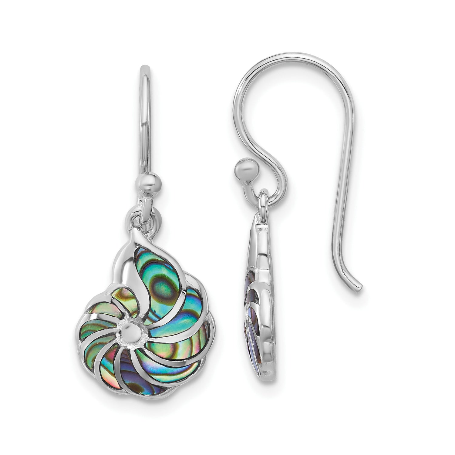 Sterling Silver Drop Earrings with Abalone Shell, Nautilus Swirl, Ocean-Inspired Design