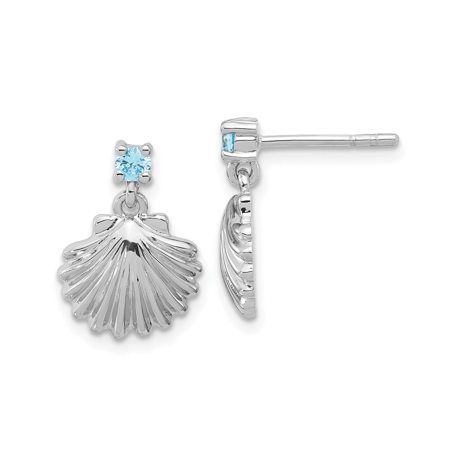 Sterling Silver Seashell Dangle Earrings with Cubic Zirconia, Nautical Coastal Jewelry Design