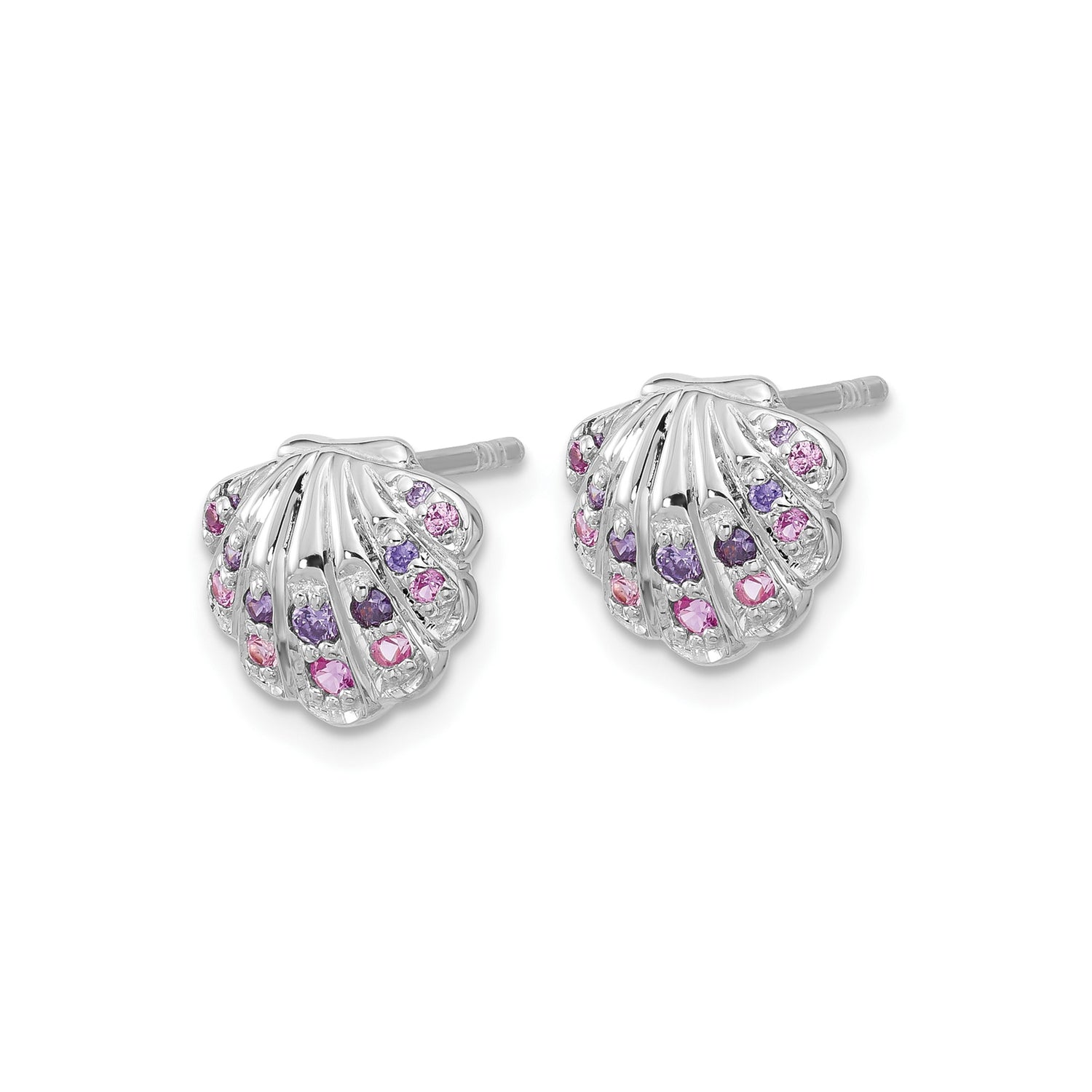 Sterling Silver Seashell Stud Earrings with Pink and Purple Cubic Zirconia, Nautical Beach Style