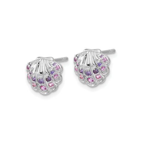 Sterling Silver Seashell Stud Earrings with Pink and Purple Cubic Zirconia, Nautical Beach Style