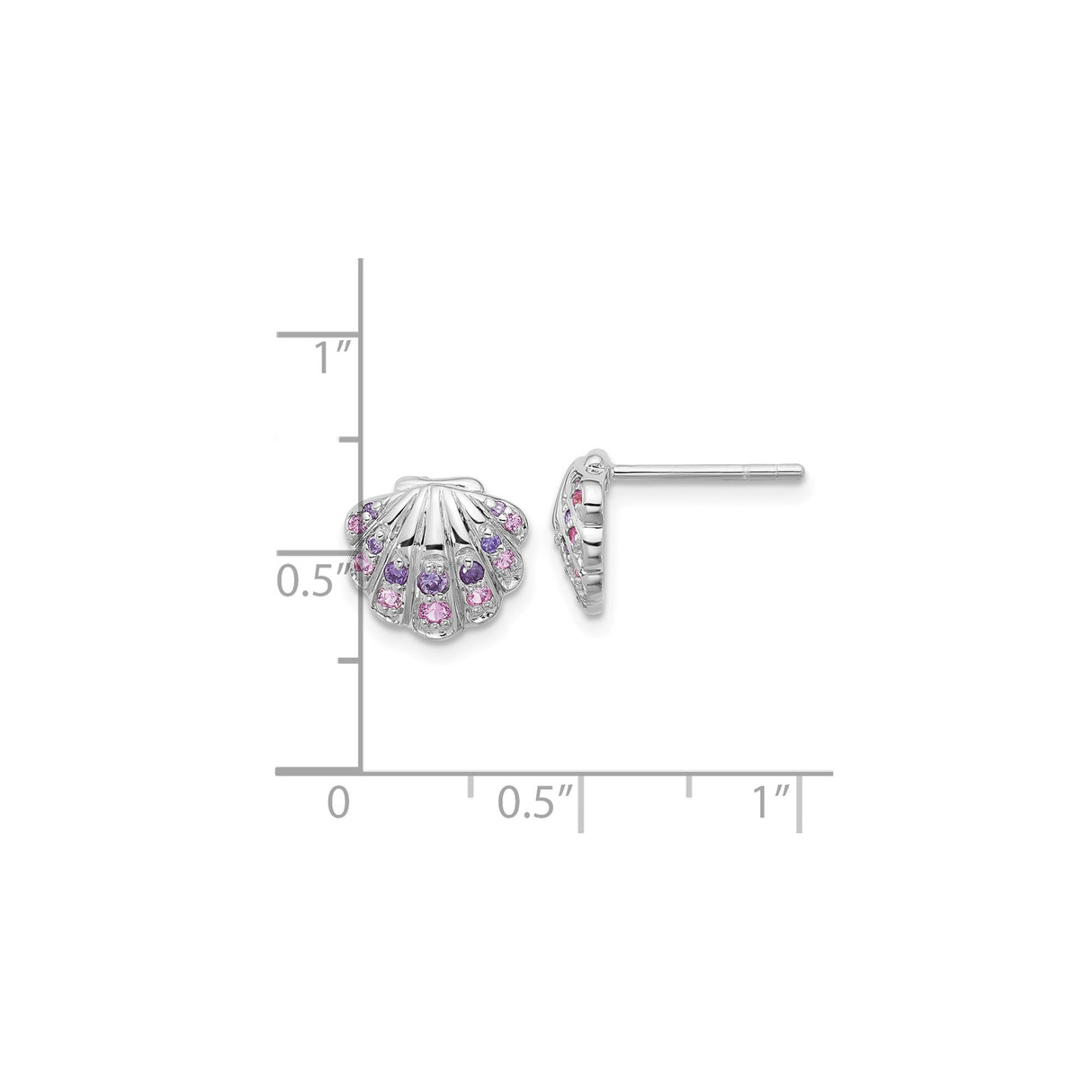 Sterling Silver Seashell Stud Earrings with Pink and Purple Cubic Zirconia, Nautical Beach Style