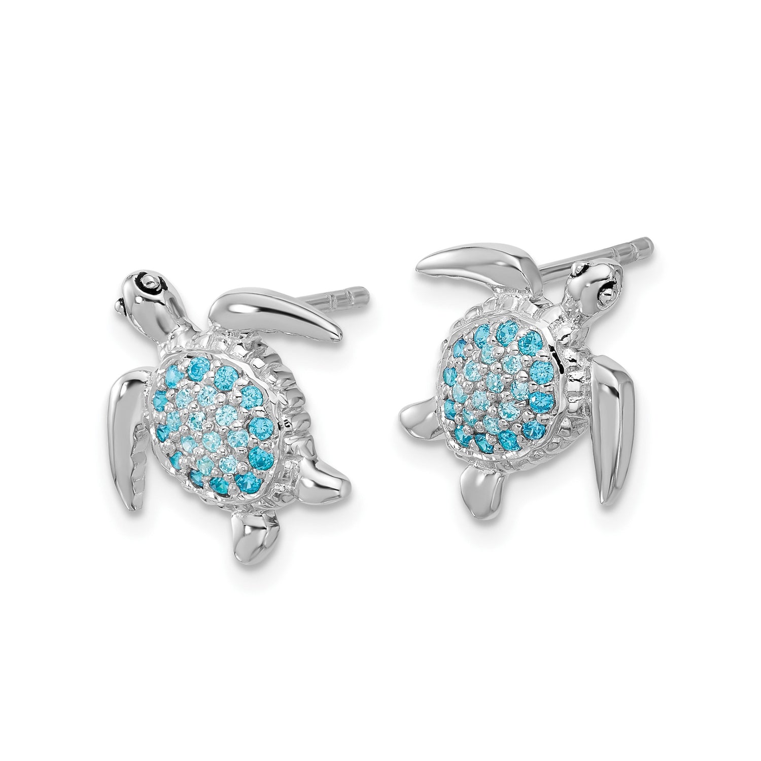 Sterling Silver Sea Turtle Stud Earrings with Blue and White Cubic Zirconia, Nautical Ocean Theme