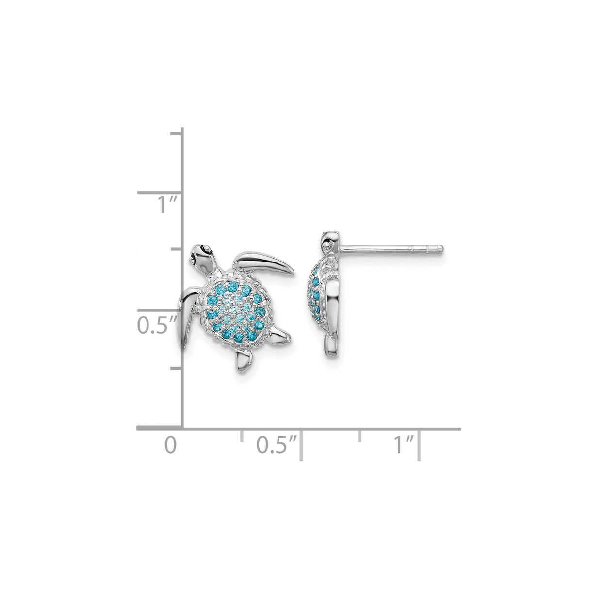 Sterling Silver Sea Turtle Stud Earrings with Blue and White Cubic Zirconia, Nautical Ocean Theme