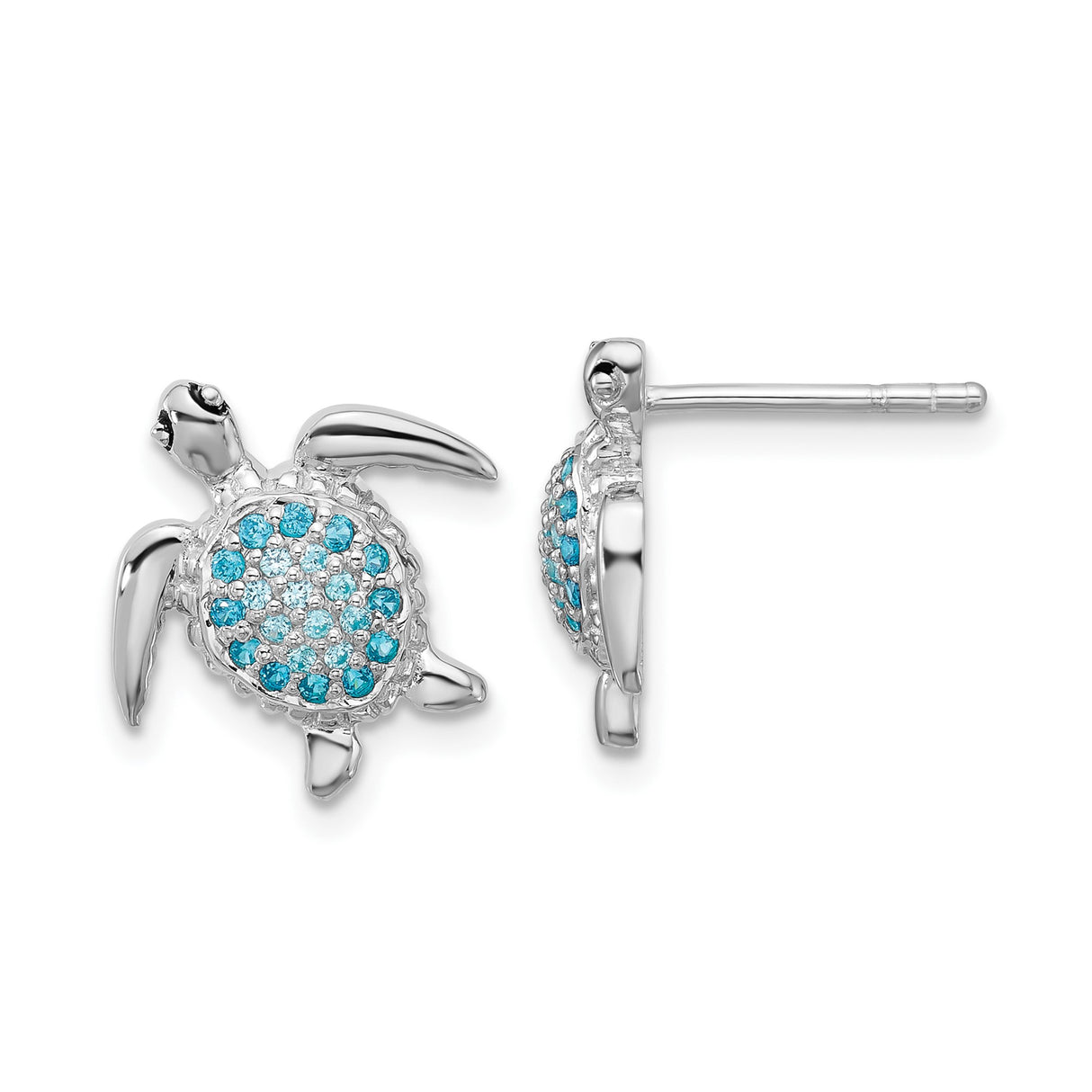 Sterling Silver Sea Turtle Stud Earrings with Blue and White Cubic Zirconia, Nautical Ocean Theme