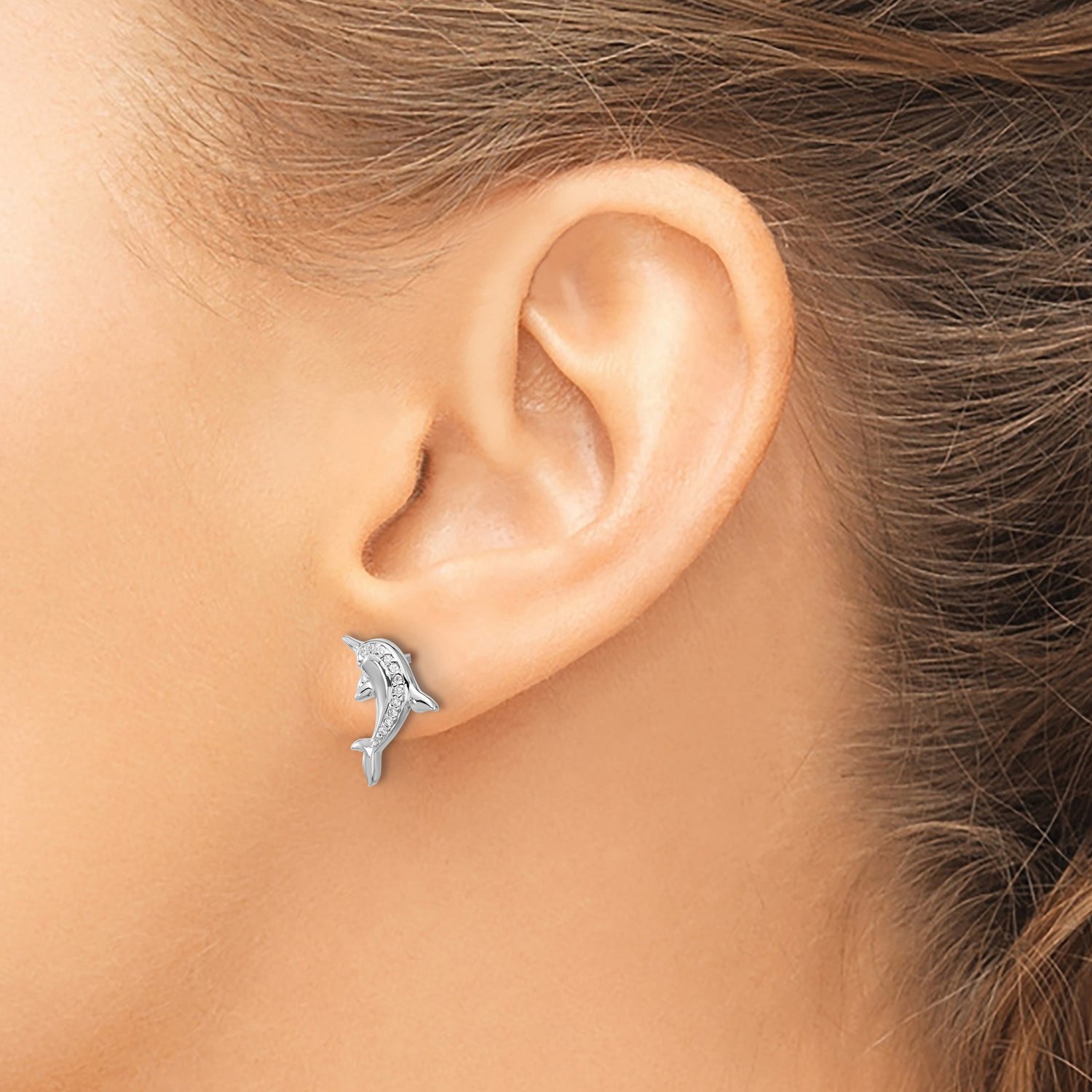 Sterling Silver Dolphin Stud Earrings with Cubic Zirconia, Ocean-Inspired Coastal Design