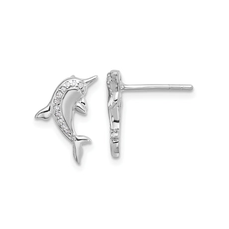 Sterling Silver Dolphin Stud Earrings with Cubic Zirconia, Ocean-Inspired Coastal Design