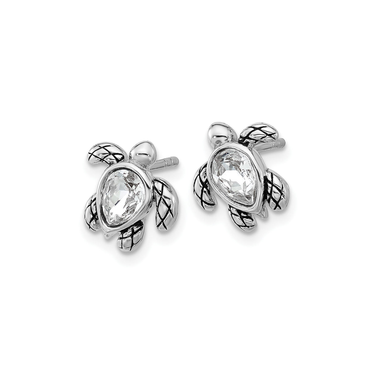Sterling Silver Sea Turtle Stud Earrings with Crystal Center, Ocean-Inspired Animal Design