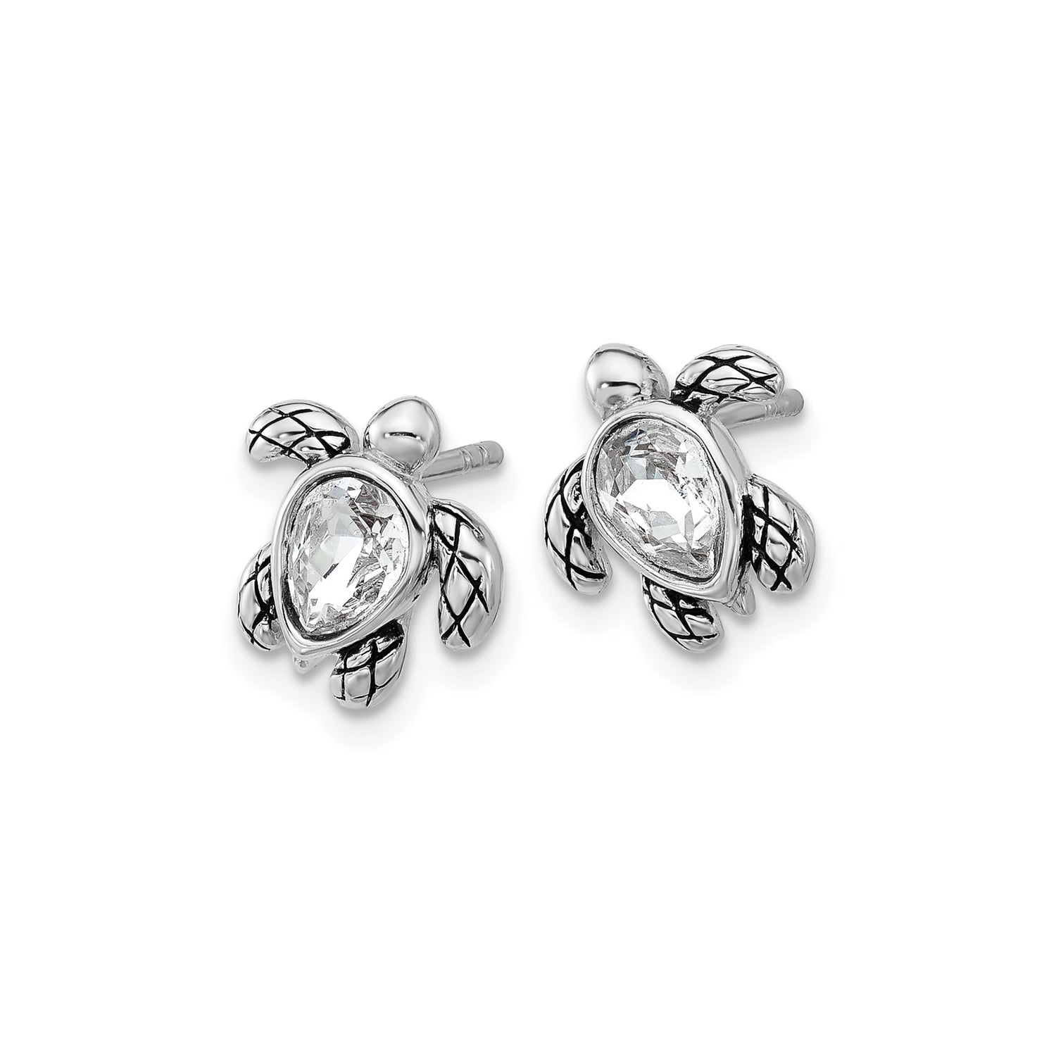 Sterling Silver Sea Turtle Stud Earrings with Crystal Center, Ocean-Inspired Animal Design