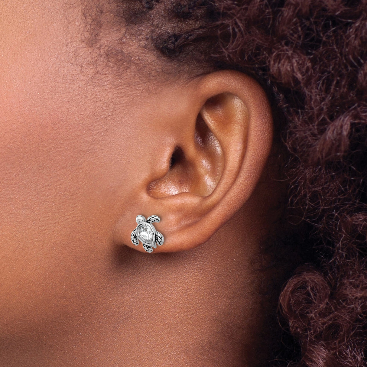 Sterling Silver Sea Turtle Stud Earrings with Crystal Center, Ocean-Inspired Animal Design