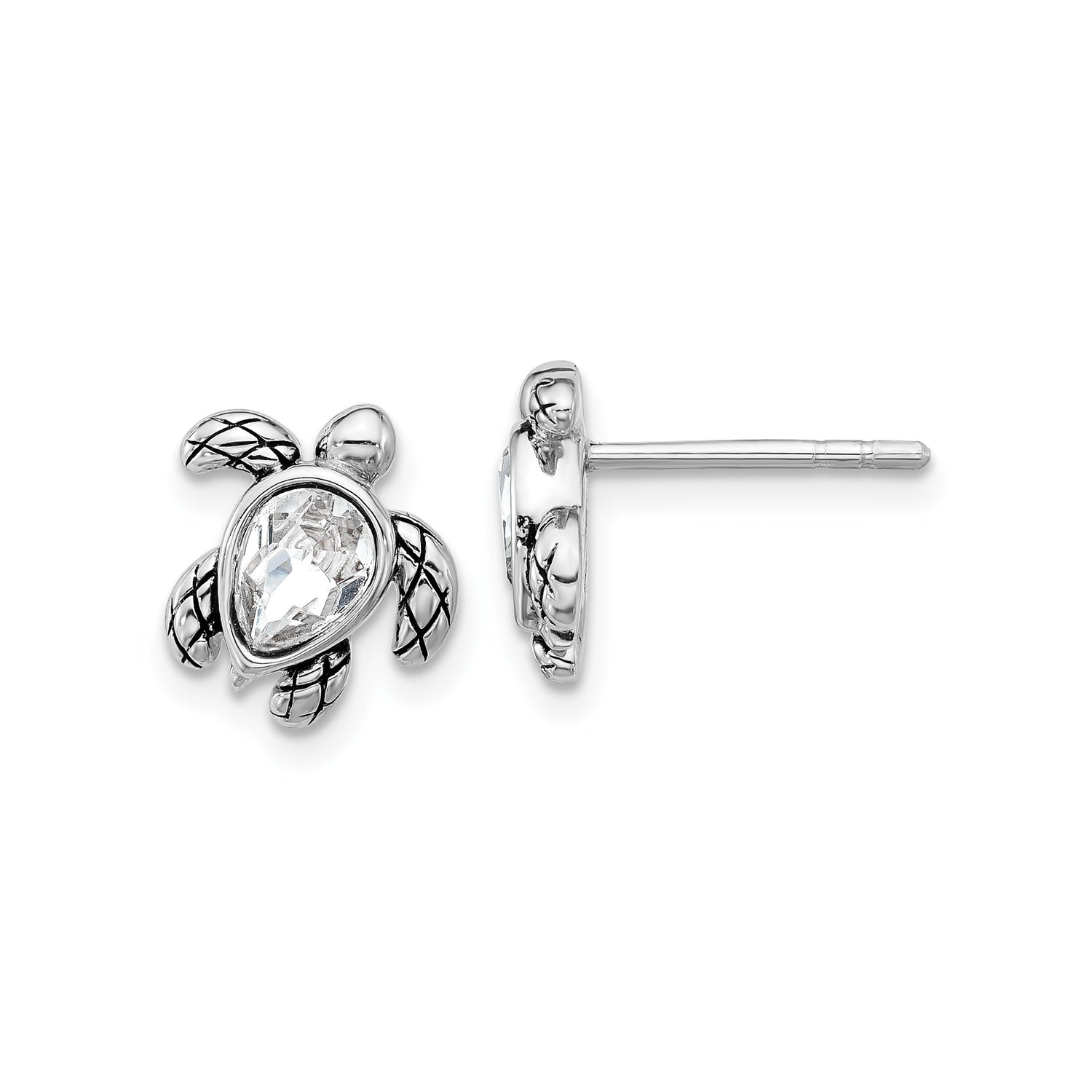 Sterling Silver Sea Turtle Stud Earrings with Crystal Center, Ocean-Inspired Animal Design