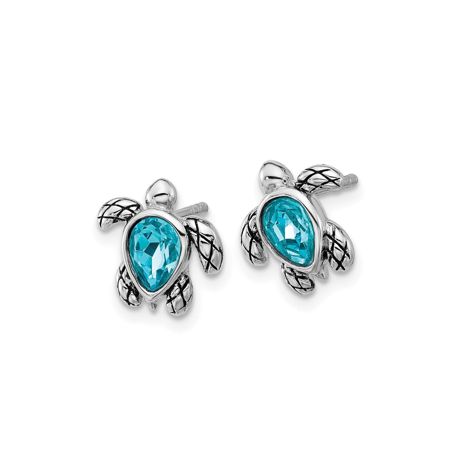 Sterling Silver Sea Turtle Stud Earrings with Blue Crystal and Textured Shell