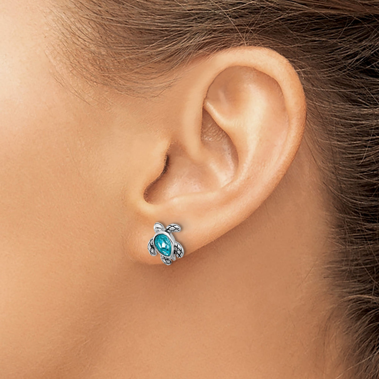 Sterling Silver Sea Turtle Stud Earrings with Blue Crystal and Textured Shell
