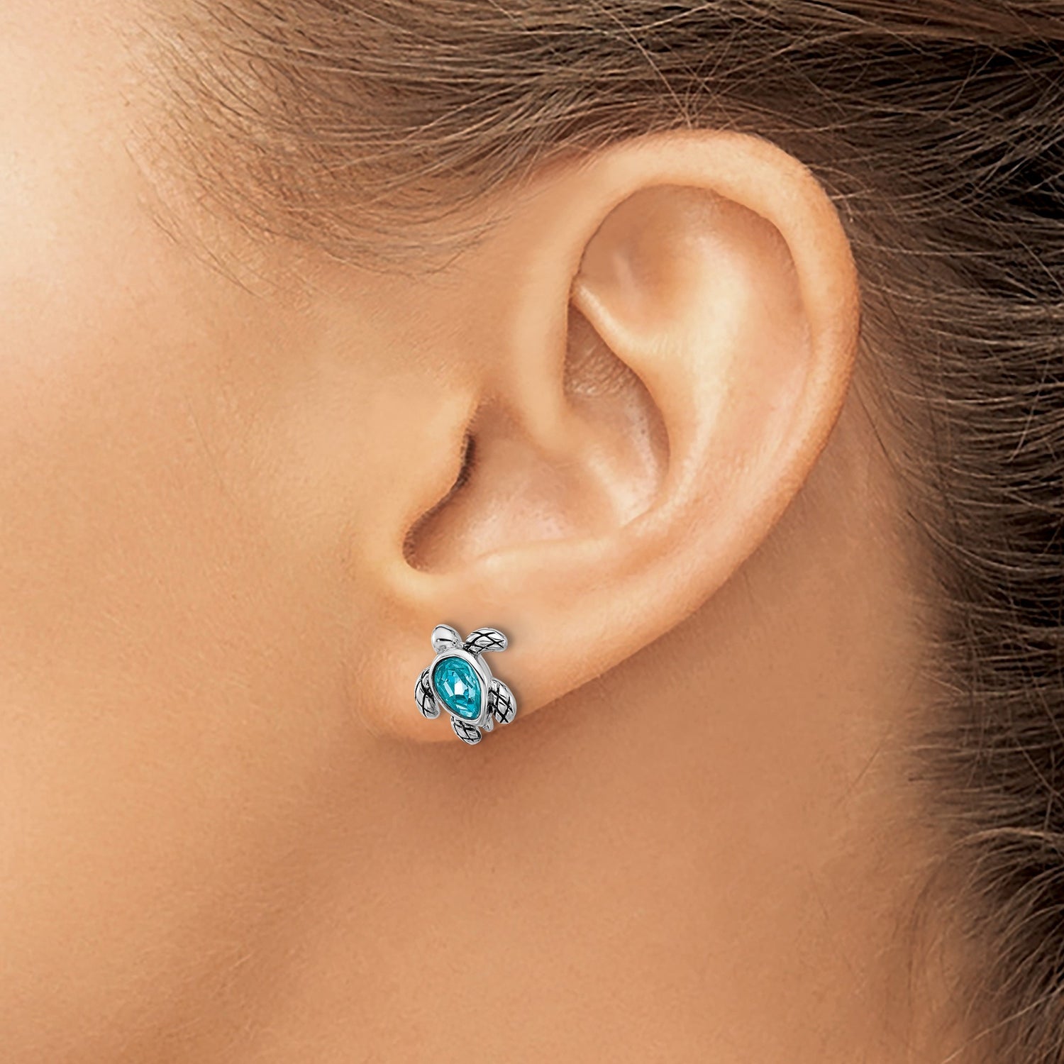 Sterling Silver Sea Turtle Stud Earrings with Blue Crystal and Textured Shell