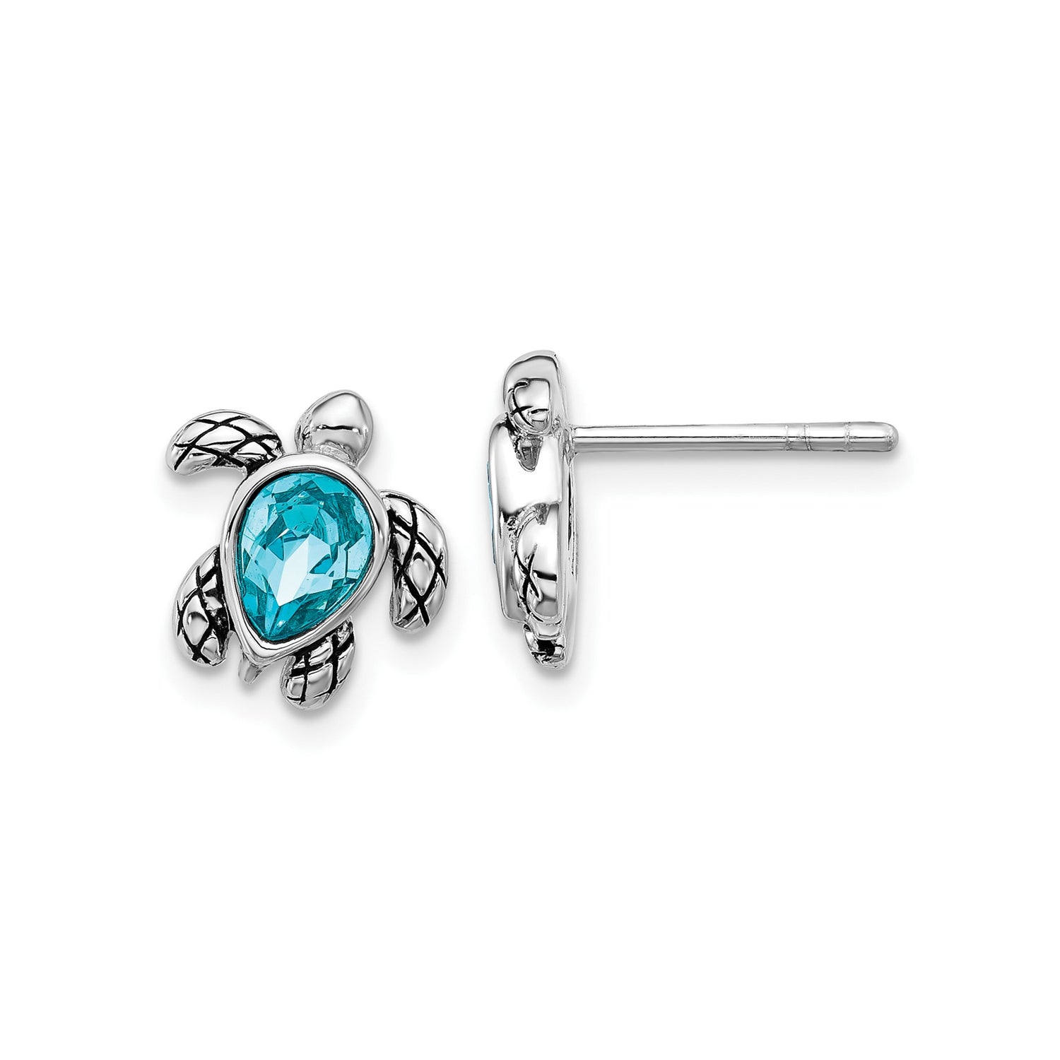 Sterling Silver Sea Turtle Stud Earrings with Blue Crystal and Textured Shell