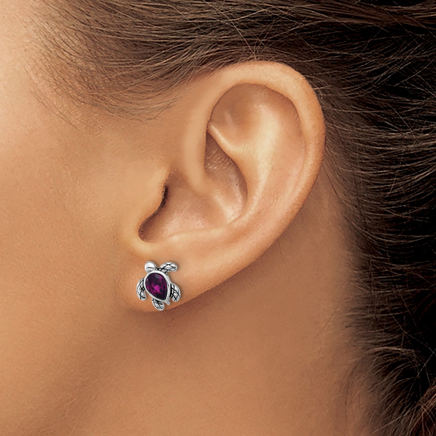 Sterling Silver Turtle Stud Earrings with Faceted Purple Crystal, Nautical Ocean Theme