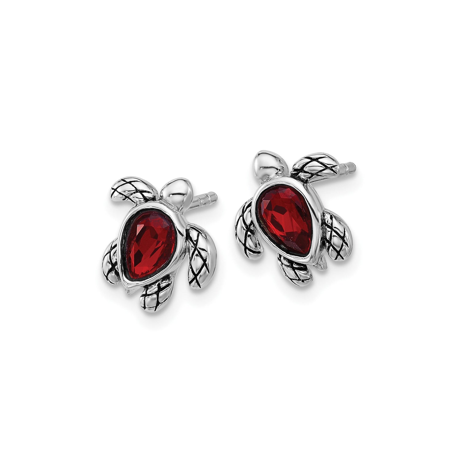 Sterling Silver Sea Turtle Stud Earrings with Pear Shaped Red Crystal, Ocean Animal Design
