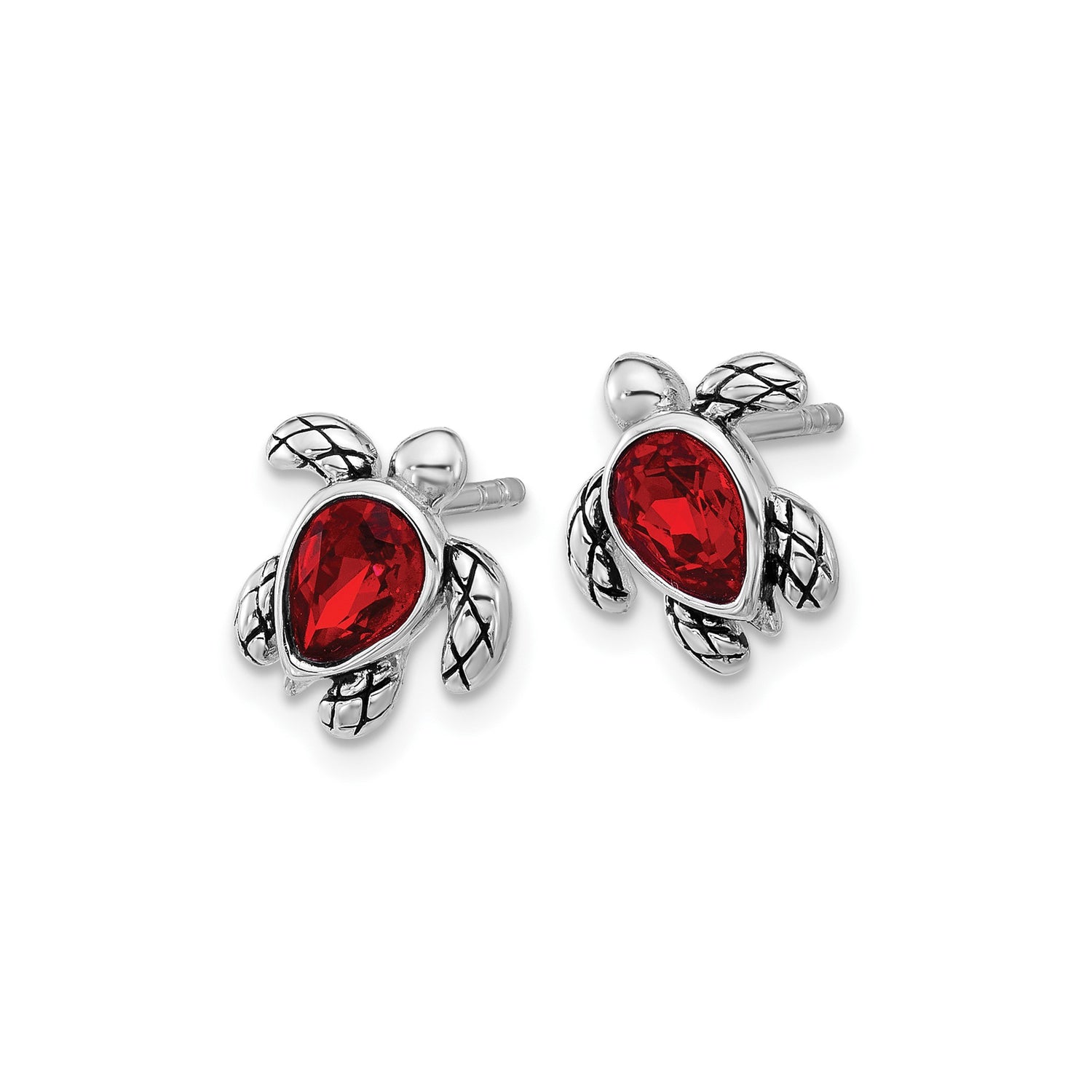 Sterling Silver Sea Turtle Stud Earrings with Red Crystal, Nautical Ocean Theme for Women