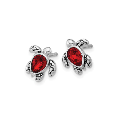 Sterling Silver Sea Turtle Stud Earrings with Red Crystal, Nautical Ocean Theme for Women