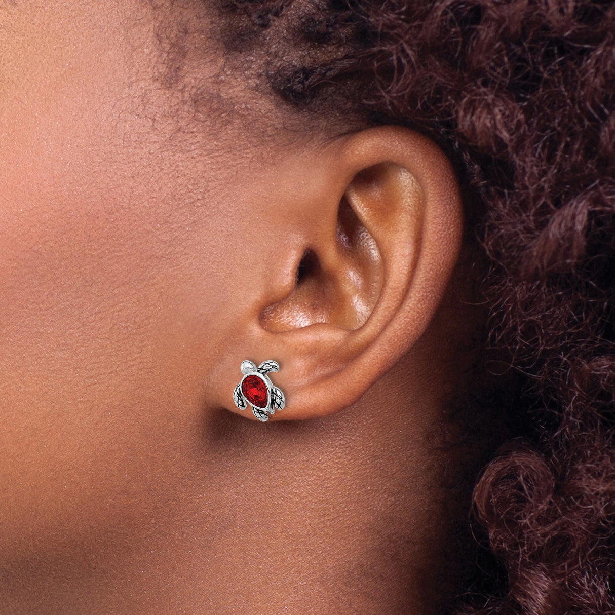 Sterling Silver Sea Turtle Stud Earrings with Red Crystal, Nautical Ocean Theme for Women