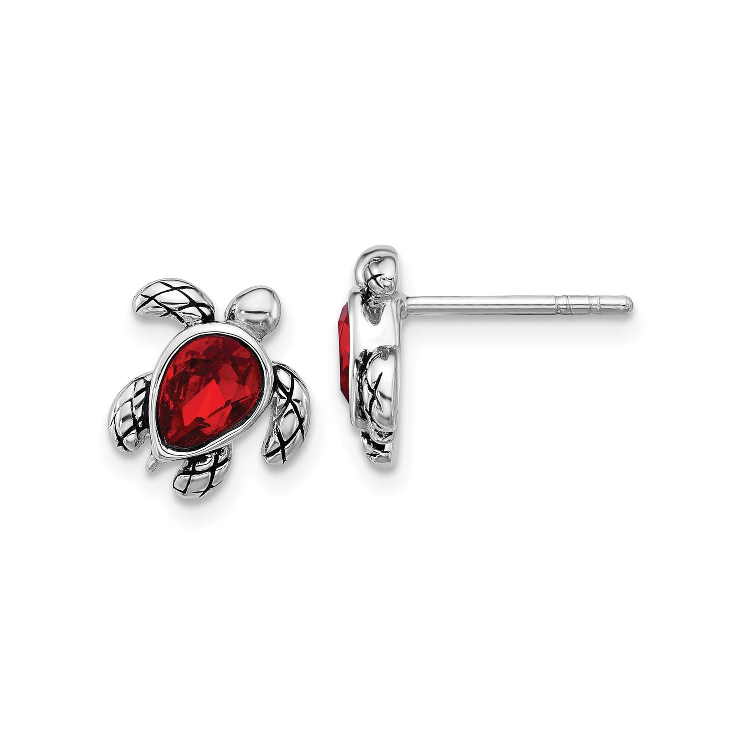 Sterling Silver Sea Turtle Stud Earrings with Red Crystal, Nautical Ocean Theme for Women