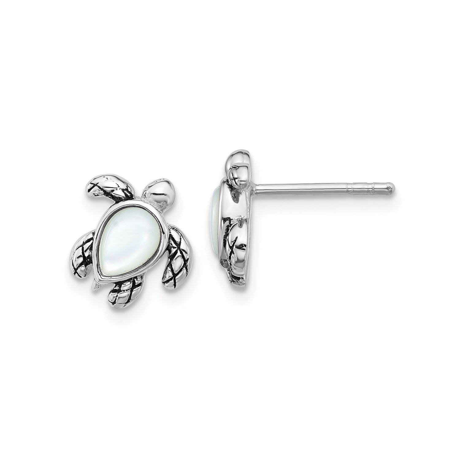 Sterling Silver Sea Turtle Stud Earrings with Mother of Pearl Inlay, Nautical Theme