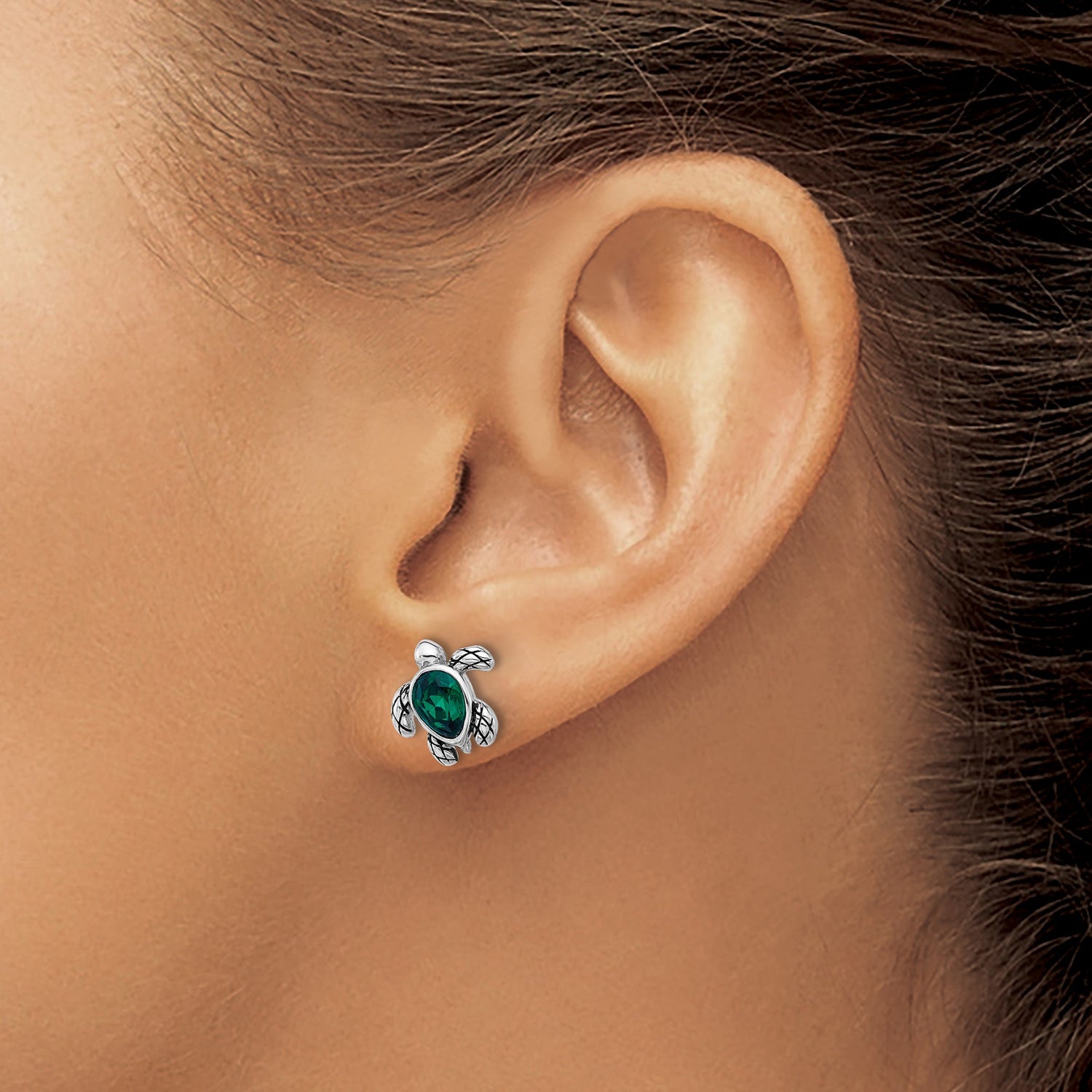 Sterling Silver Turtle Stud Earrings with Green Crystal, Rhodium Plated Ocean Theme Design