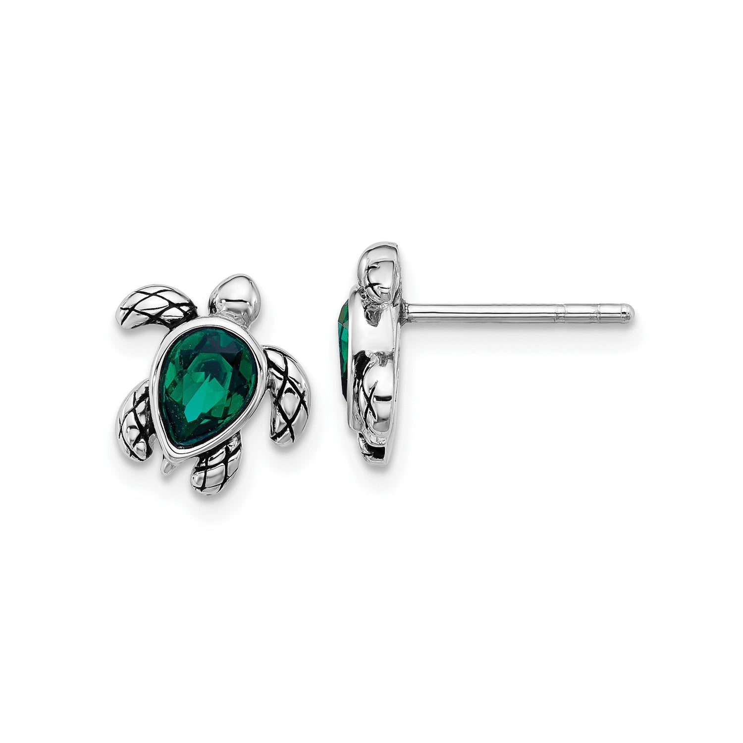 Sterling Silver Turtle Stud Earrings with Green Crystal, Rhodium Plated Ocean Theme Design