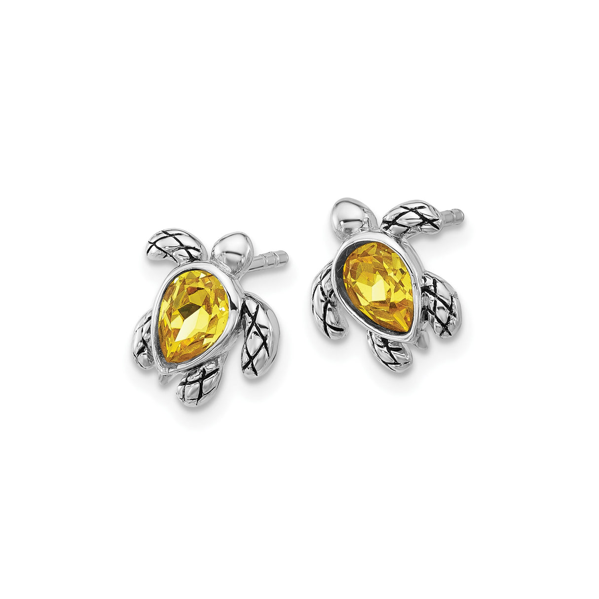 Sterling Silver Sea Turtle Stud Earrings with Yellow Crystal, Ocean Animal Jewelry for Women