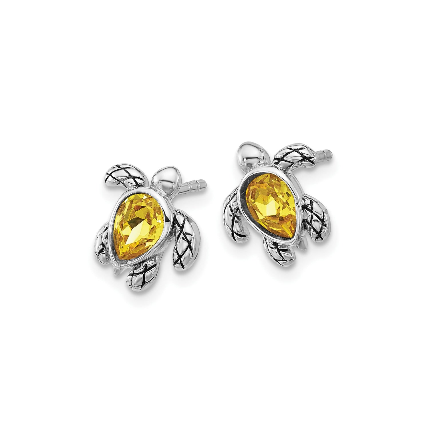 Sterling Silver Sea Turtle Stud Earrings with Yellow Crystal, Ocean Animal Jewelry for Women