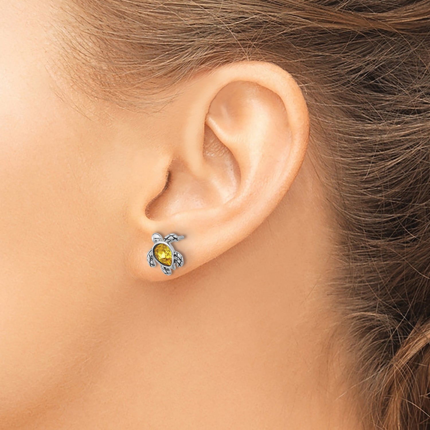 Sterling Silver Sea Turtle Stud Earrings with Yellow Crystal, Ocean Animal Jewelry for Women