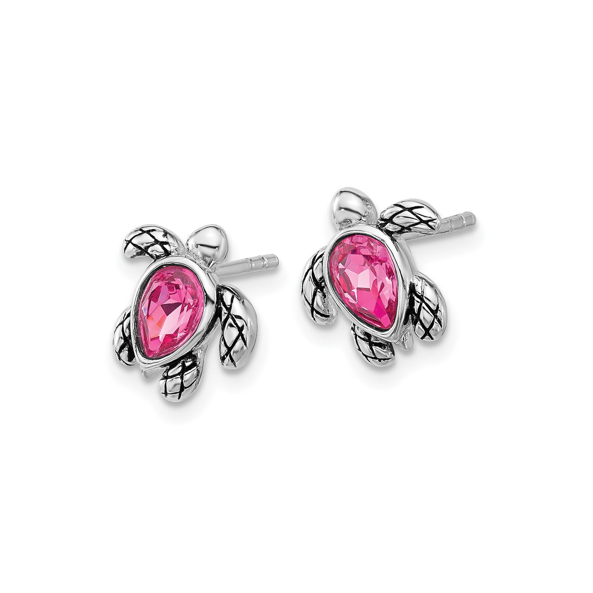 Sterling Silver Turtle Stud Earrings with Pink Teardrop Crystal, Beach-Inspired Design