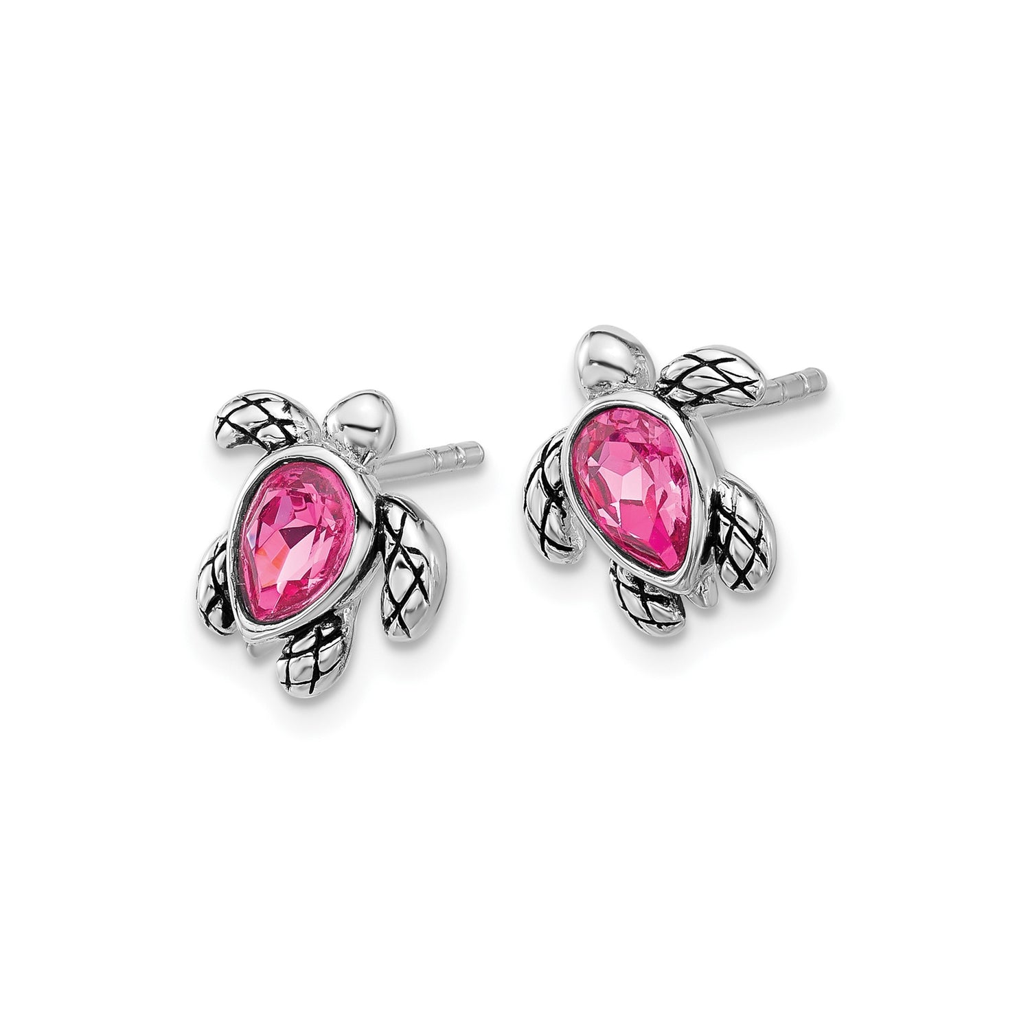 Sterling Silver Turtle Stud Earrings with Pink Teardrop Crystal, Beach-Inspired Design