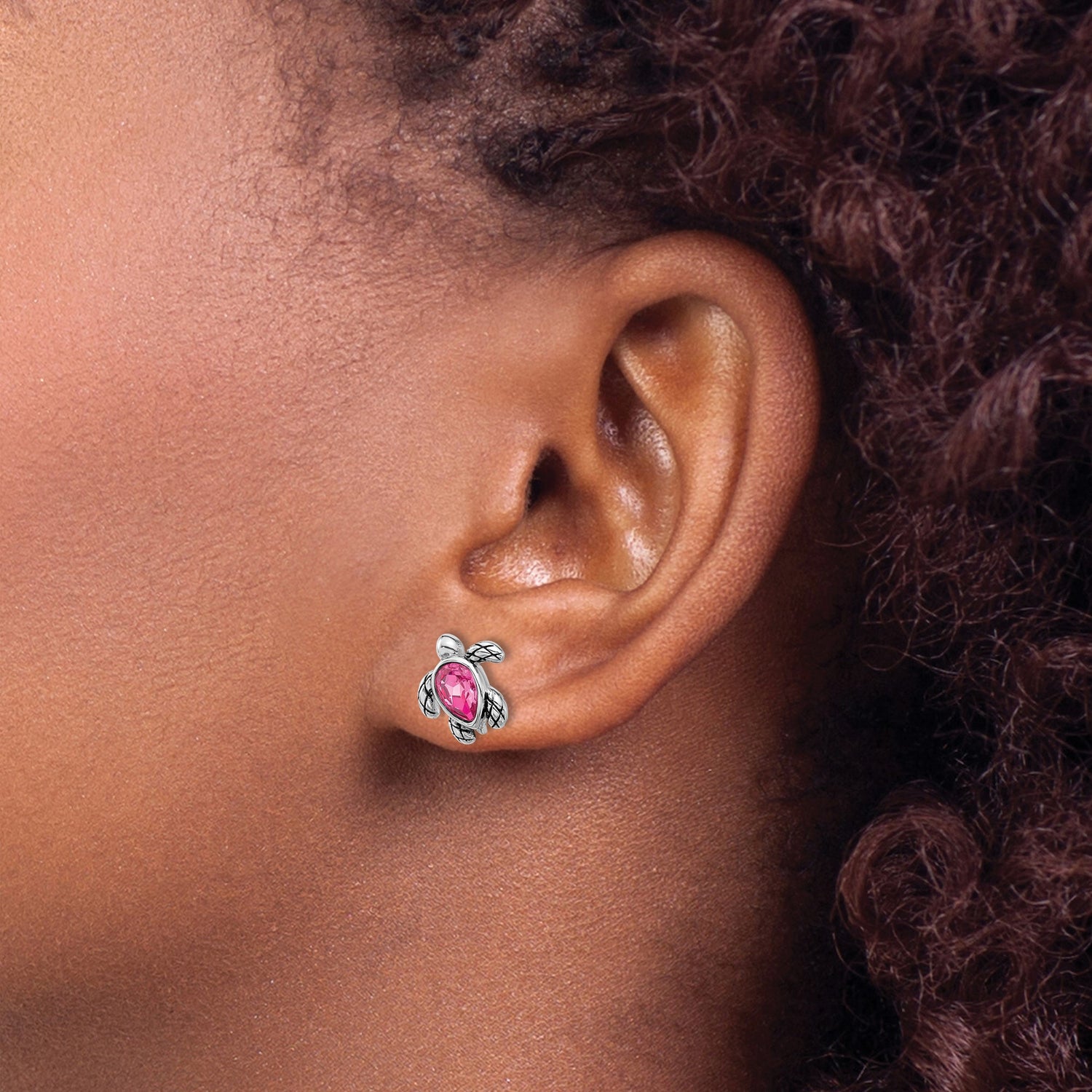 Sterling Silver Turtle Stud Earrings with Pink Teardrop Crystal, Beach-Inspired Design