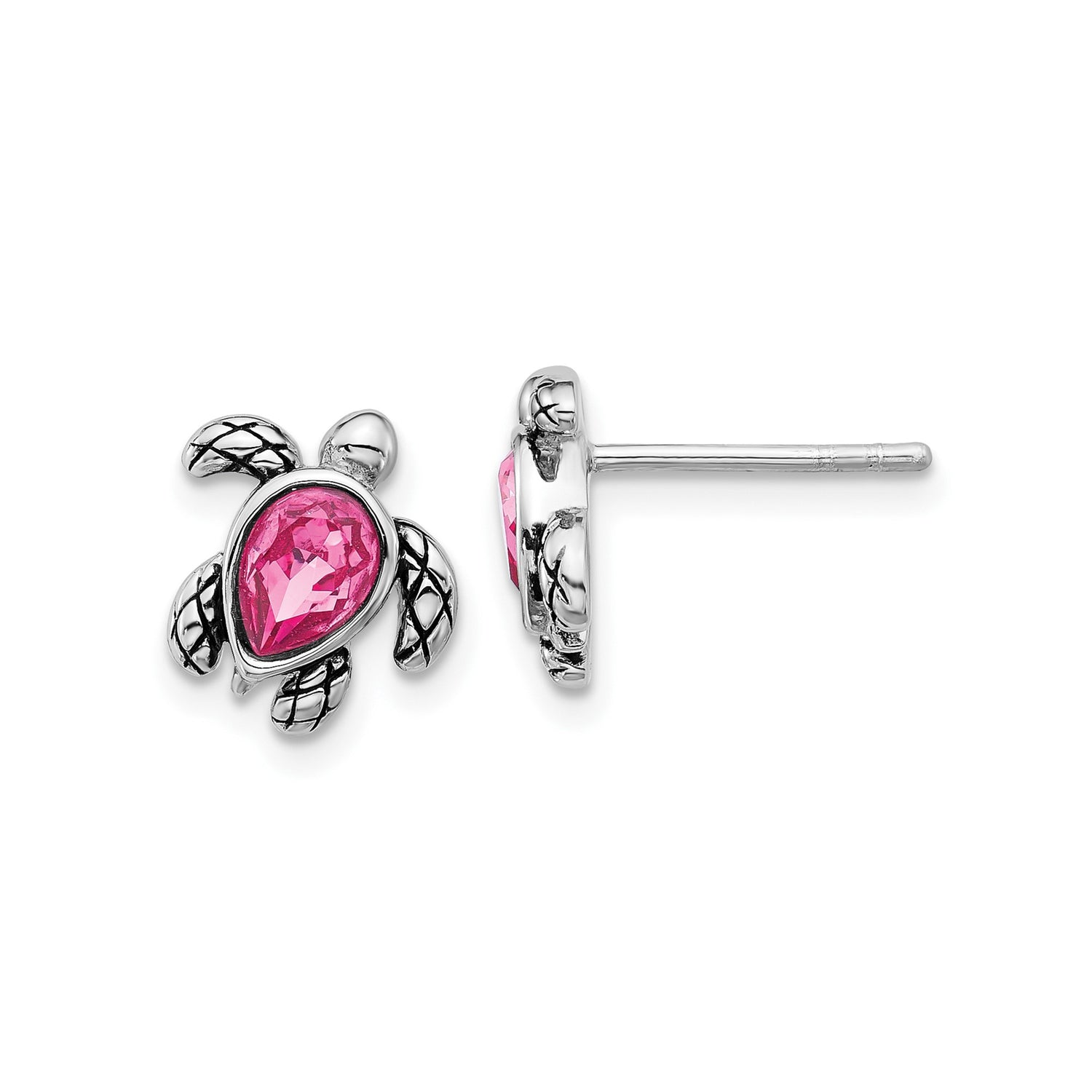 Sterling Silver Turtle Stud Earrings with Pink Teardrop Crystal, Beach-Inspired Design