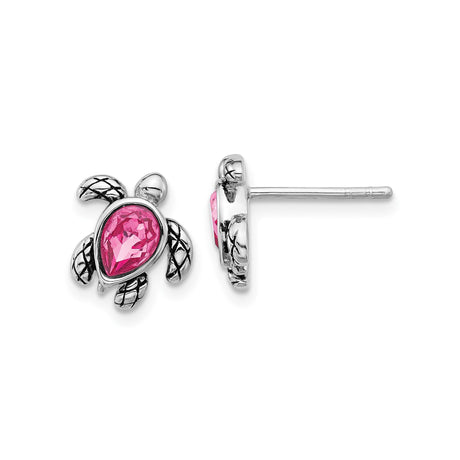 Sterling Silver Turtle Stud Earrings with Pink Teardrop Crystal, Beach-Inspired Design