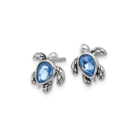 Sterling Silver Turtle Stud Earrings with Blue Crystal, Rhodium Plated Nautical Beach Style