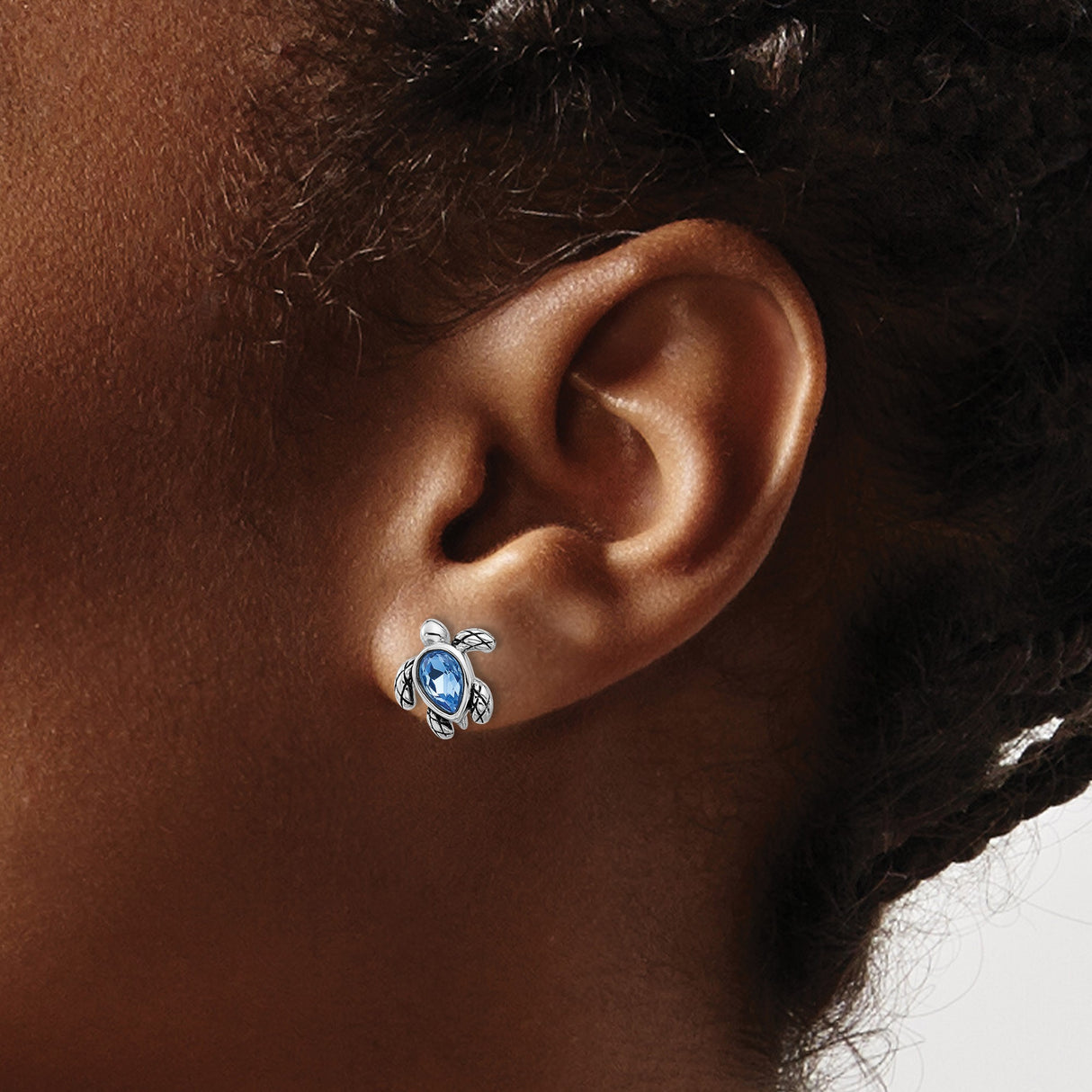 Sterling Silver Turtle Stud Earrings with Blue Crystal, Rhodium Plated Nautical Beach Style