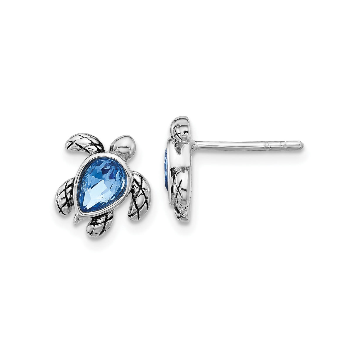 Sterling Silver Turtle Stud Earrings with Blue Crystal, Rhodium Plated Nautical Beach Style