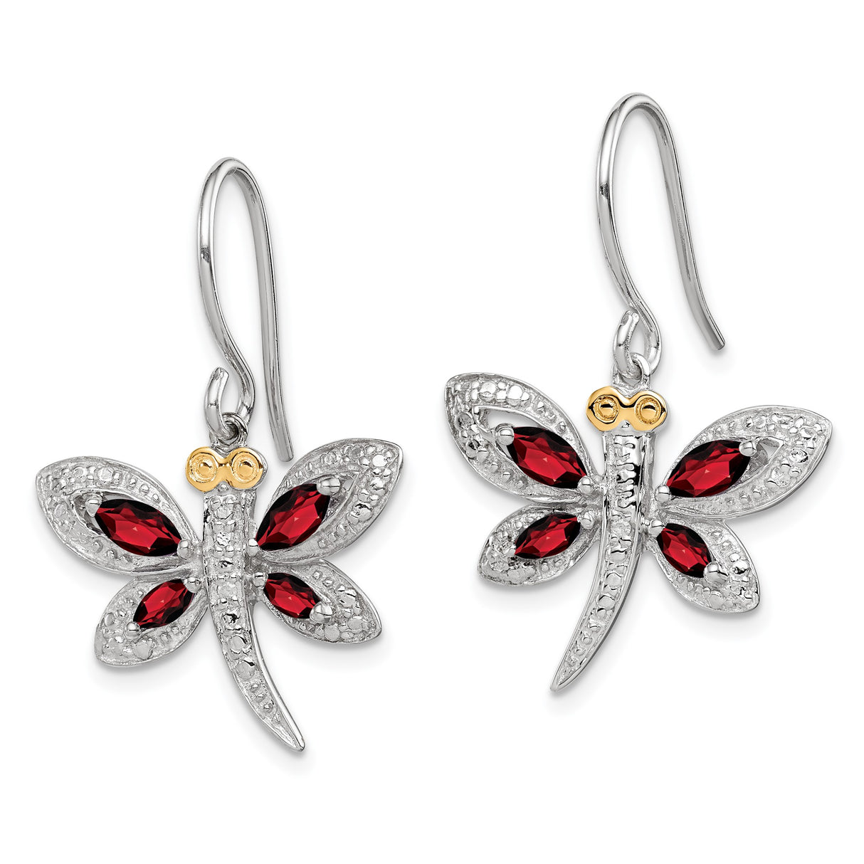 Sterling Silver Dragonfly Dangle Earrings with Red Marquise Gemstones and Gold Tone Accents