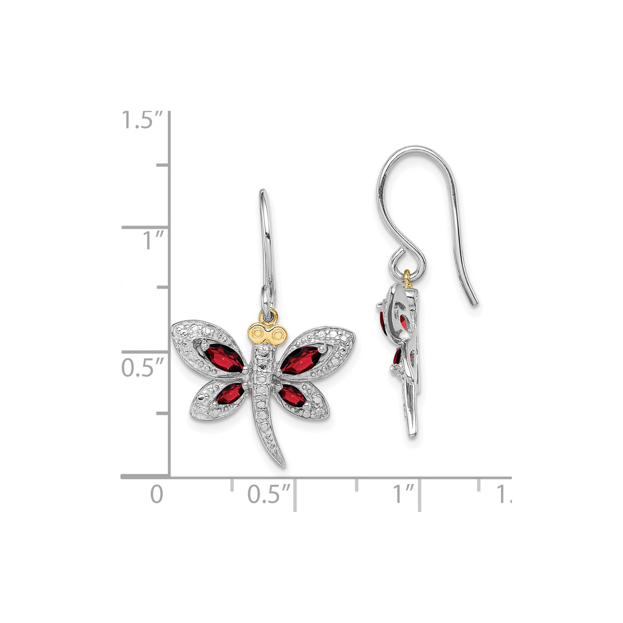 Sterling Silver Dragonfly Dangle Earrings with Red Marquise Gemstones and Gold Tone Accents