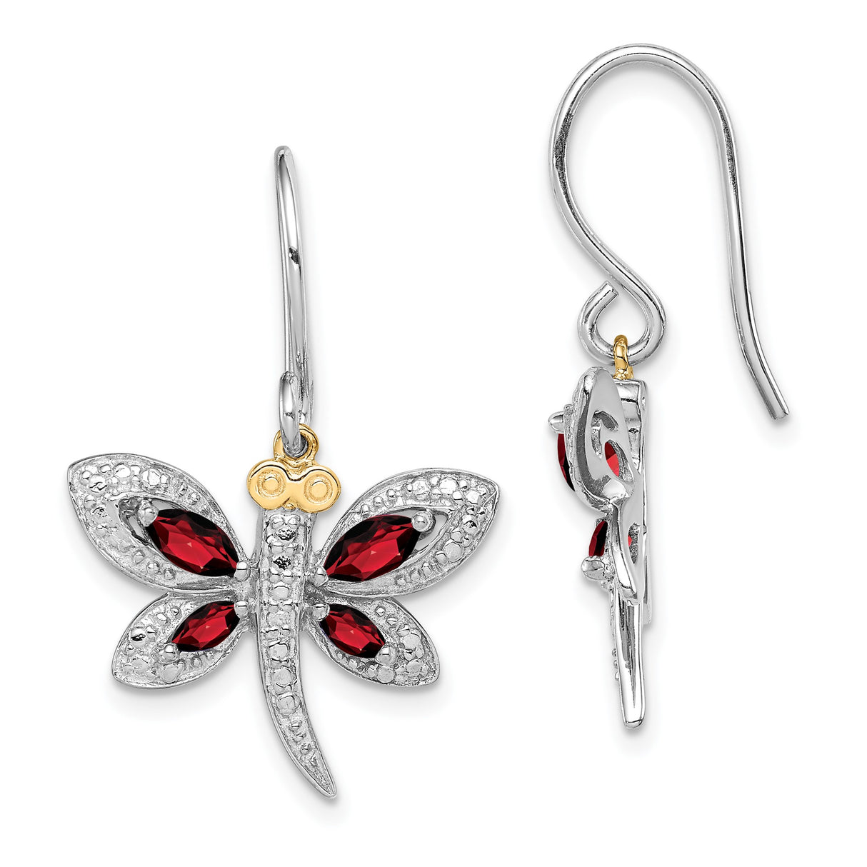 Sterling Silver Dragonfly Dangle Earrings with Red Marquise Gemstones and Gold Tone Accents