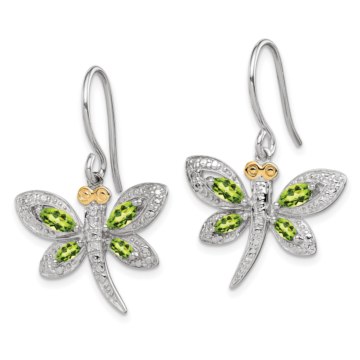Sterling Silver Dragonfly Drop Earrings with Green Marquise Gemstones and Gold Accents