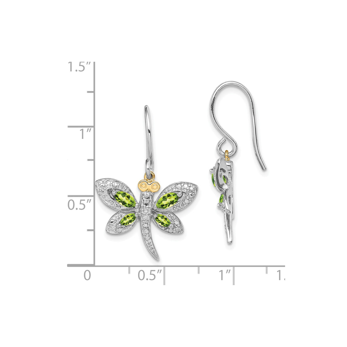 Sterling Silver Dragonfly Drop Earrings with Green Marquise Gemstones and Gold Accents