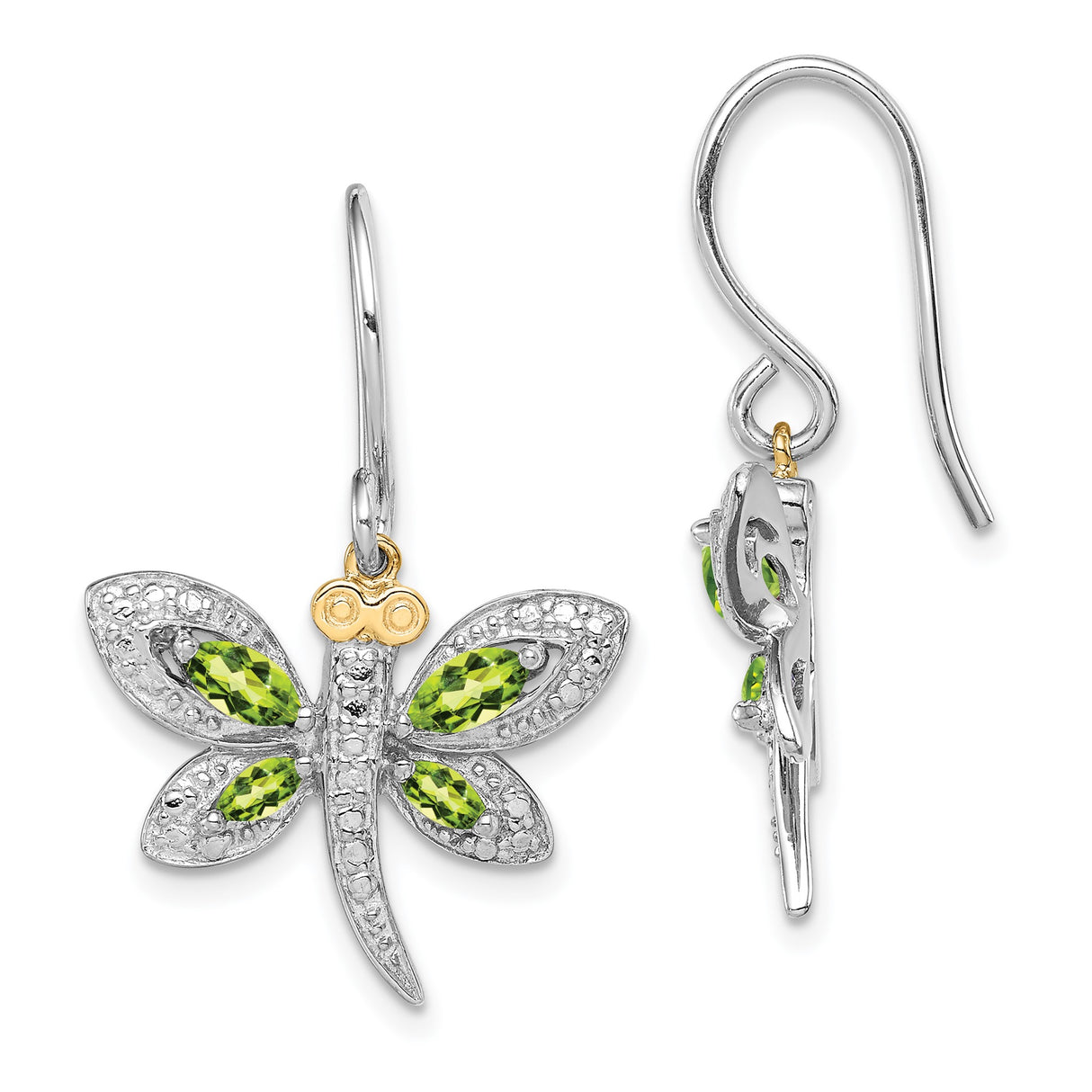 Sterling Silver Dragonfly Drop Earrings with Green Marquise Gemstones and Gold Accents
