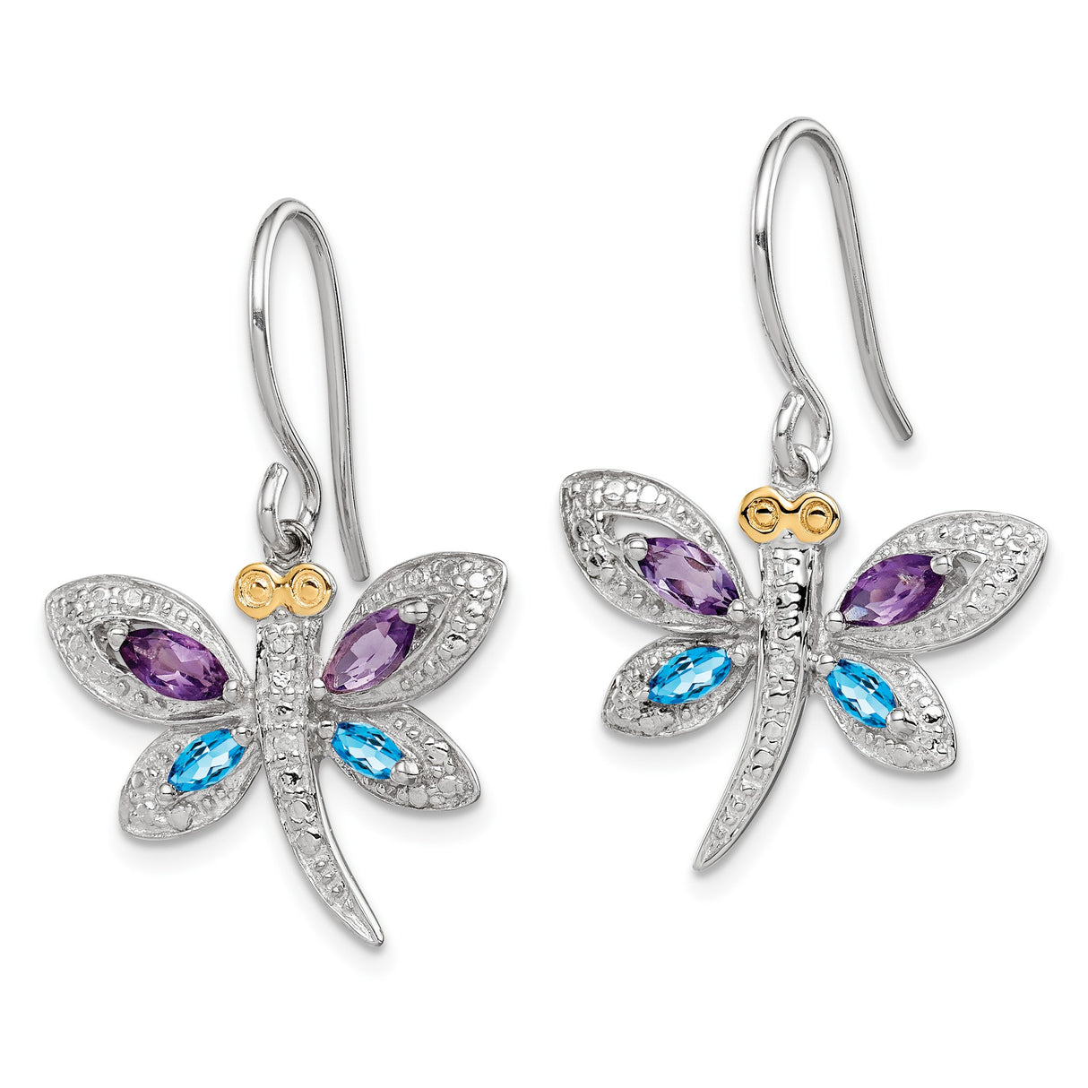Sterling Silver Dragonfly Dangle Earrings with Amethyst and Blue Topaz, Textured Wings, Gold-Tone Accent