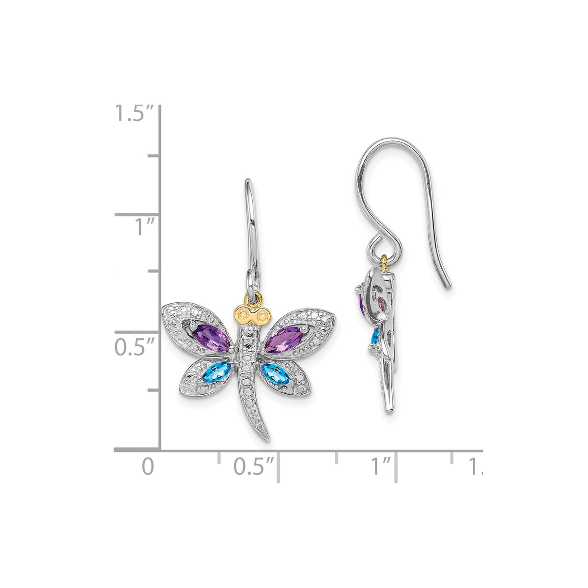 Sterling Silver Dragonfly Dangle Earrings with Amethyst and Blue Topaz, Textured Wings, Gold-Tone Accent